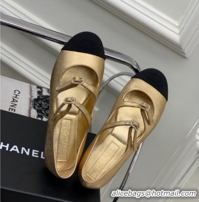 Stylish Chanel Metallic Leather Ballerinas with Double Buckle Gold 403087