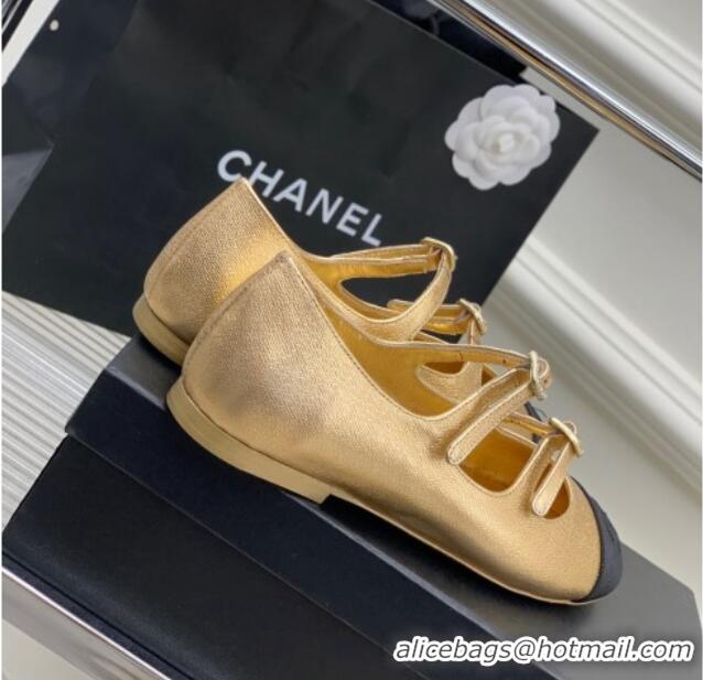 Stylish Chanel Metallic Leather Ballerinas with Double Buckle Gold 403087