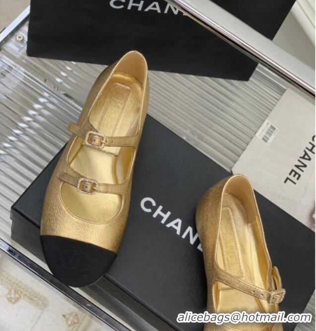 Stylish Chanel Metallic Leather Ballerinas with Double Buckle Gold 403087