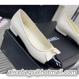 Crafted Chanel Lambskin & Patent Leather Ballerinas Flat with Bow G39999 White 403094