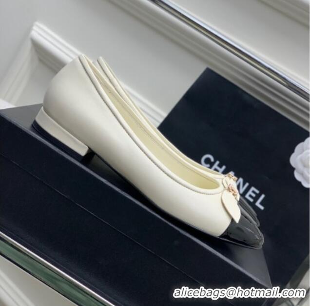 Crafted Chanel Lambskin & Patent Leather Ballerinas Flat with Bow G39999 White 403094