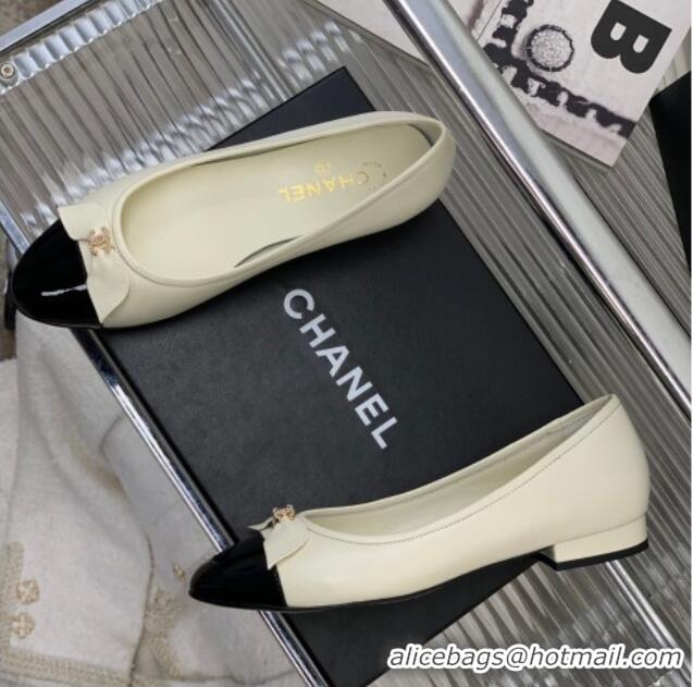 Crafted Chanel Lambskin & Patent Leather Ballerinas Flat with Bow G39999 White 403094