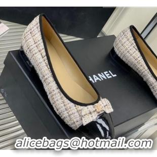 Expensive Chanel Tweed & Patent Leather Ballerinas Flat with Bow G39999 Beige/Black