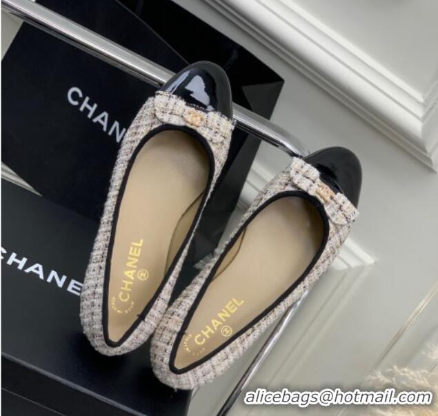 Expensive Chanel Tweed & Patent Leather Ballerinas Flat with Bow G39999 Beige/Black