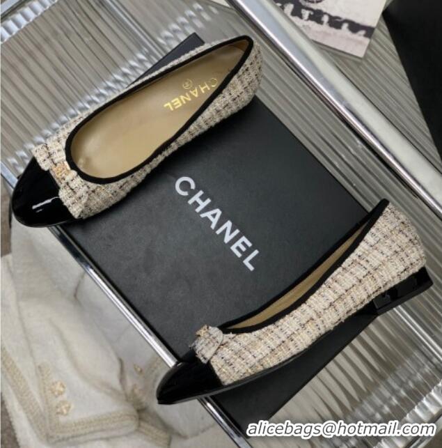 Expensive Chanel Tweed & Patent Leather Ballerinas Flat with Bow G39999 Beige/Black