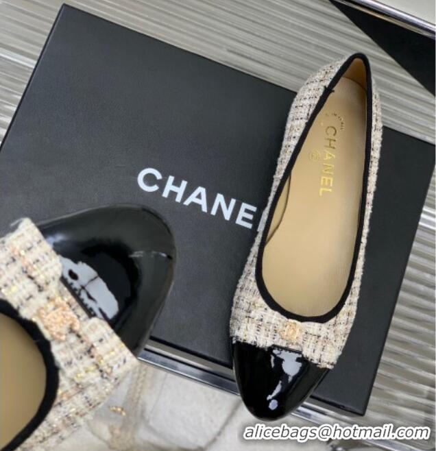 Expensive Chanel Tweed & Patent Leather Ballerinas Flat with Bow G39999 Beige/Black