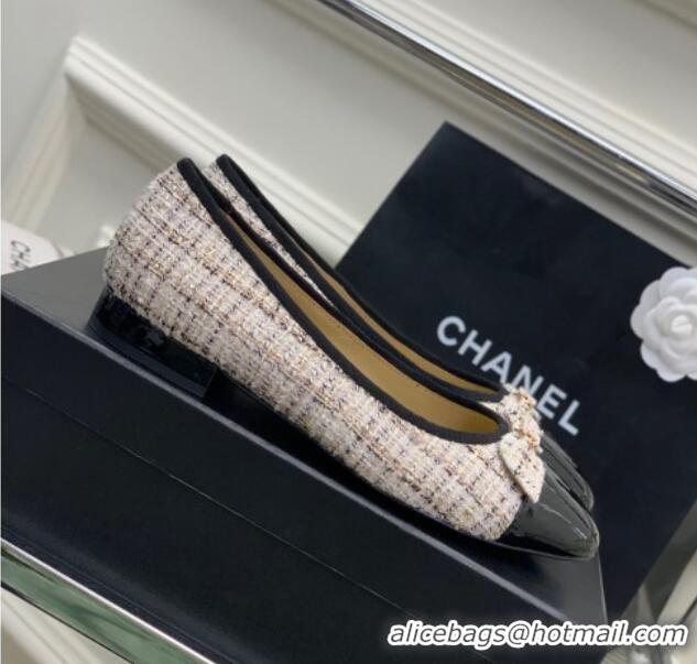 Expensive Chanel Tweed & Patent Leather Ballerinas Flat with Bow G39999 Beige/Black