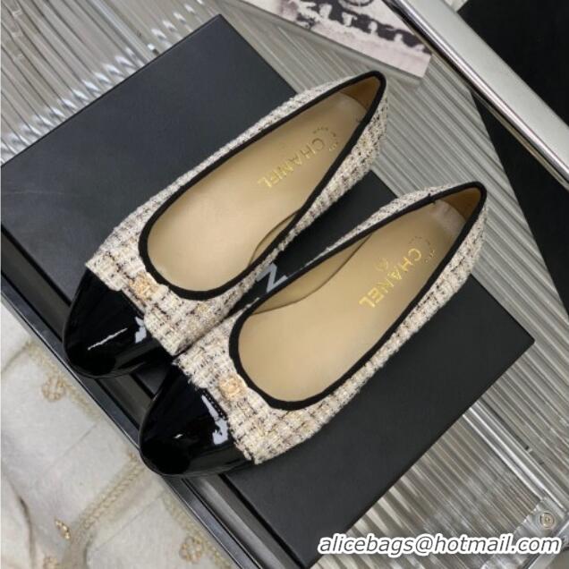 Expensive Chanel Tweed & Patent Leather Ballerinas Flat with Bow G39999 Beige/Black