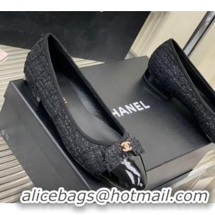 Duplicate Chanel Tweed & Patent Leather Ballerinas Flat with Bow G39999 Black