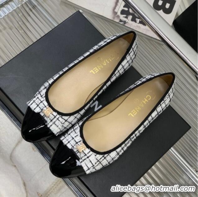 Fashion Chanel Tweed & Patent Leather Ballerinas Flat with Bow G39999 Black/White