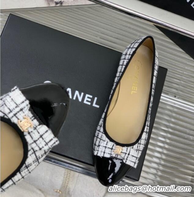 Fashion Chanel Tweed & Patent Leather Ballerinas Flat with Bow G39999 Black/White