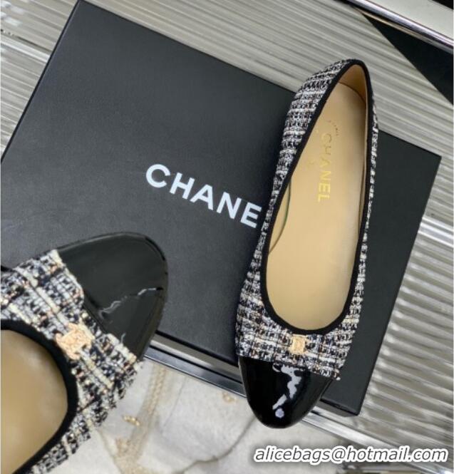 Good Quality Chanel Tweed & Patent Leather Ballerinas Flat with Bow G39999 Blue/Multicolor 403093