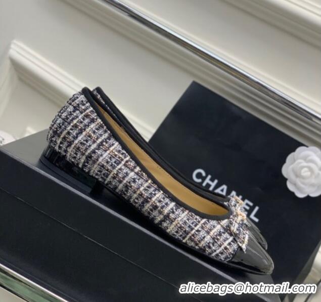 Good Quality Chanel Tweed & Patent Leather Ballerinas Flat with Bow G39999 Blue/Multicolor 403093