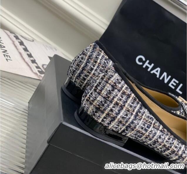 Good Quality Chanel Tweed & Patent Leather Ballerinas Flat with Bow G39999 Blue/Multicolor 403093