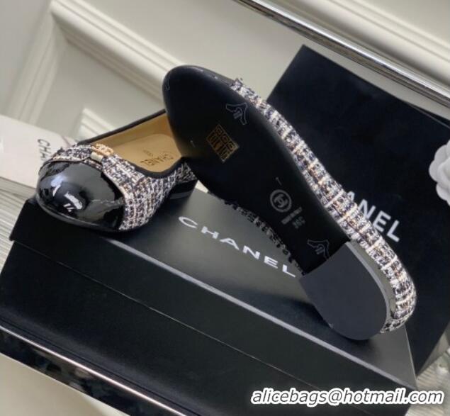 Good Quality Chanel Tweed & Patent Leather Ballerinas Flat with Bow G39999 Blue/Multicolor 403093