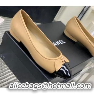 Best Grade Chanel Lambskin & Patent Leather Ballerinas Flat with Bow G39999 Beige