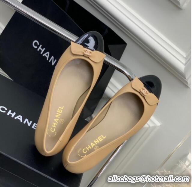 Best Grade Chanel Lambskin & Patent Leather Ballerinas Flat with Bow G39999 Beige