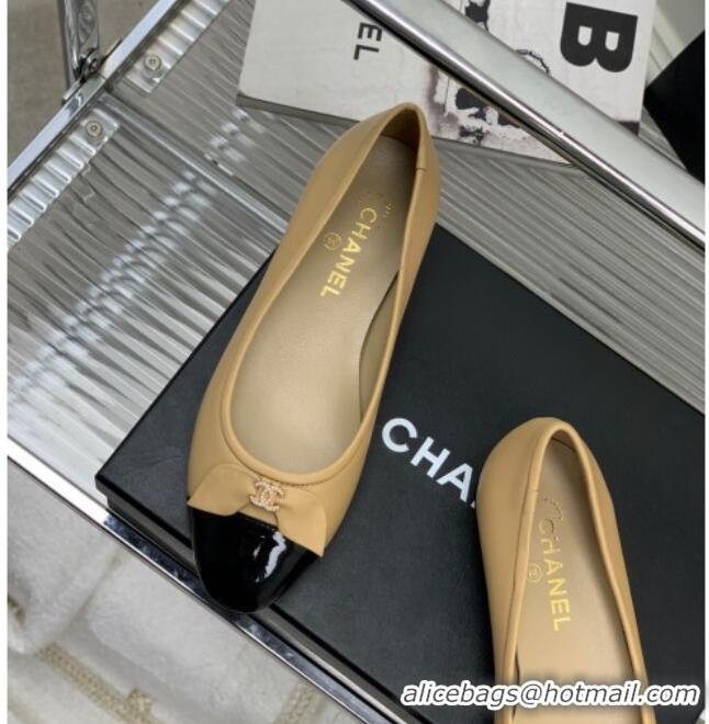 Best Grade Chanel Lambskin & Patent Leather Ballerinas Flat with Bow G39999 Beige