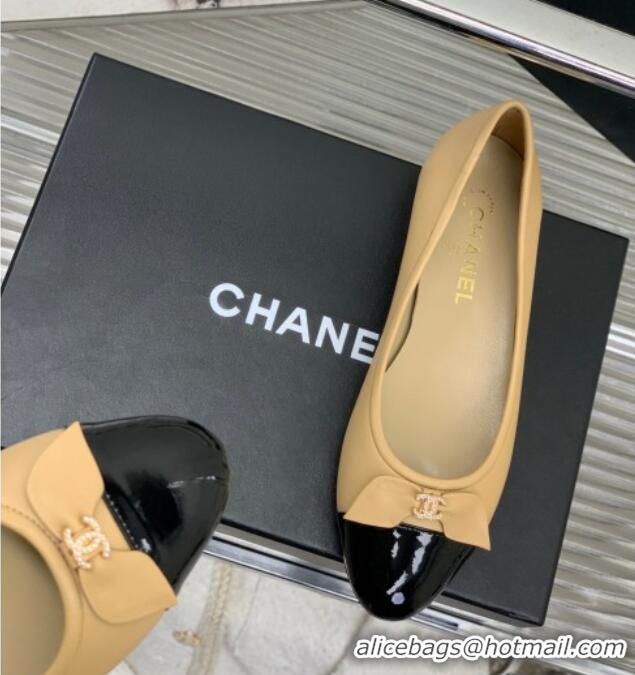 Best Grade Chanel Lambskin & Patent Leather Ballerinas Flat with Bow G39999 Beige