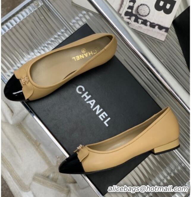 Best Grade Chanel Lambskin & Patent Leather Ballerinas Flat with Bow G39999 Beige