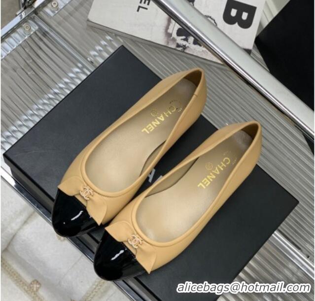 Best Grade Chanel Lambskin & Patent Leather Ballerinas Flat with Bow G39999 Beige