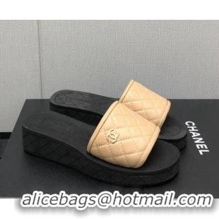 Luxury Chanel Quilted Leather Platform Flat Slide Sandals Beige 403096