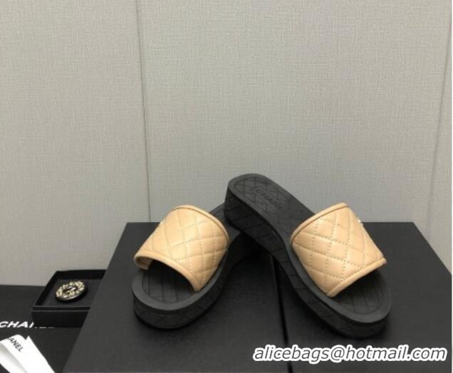 Luxury Chanel Quilted Leather Platform Flat Slide Sandals Beige 403096