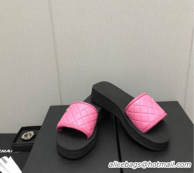 Low Price Chanel Quilted Leather Platform Flat Slide Sandals Pink 403098