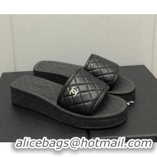 Good Looking Chanel Quilted Leather Platform Flat Slide Sandals Black 403099