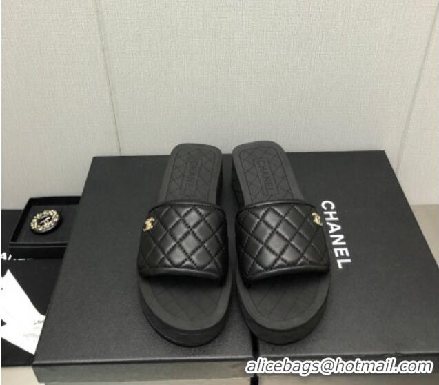 Good Looking Chanel Quilted Leather Platform Flat Slide Sandals Black 403099