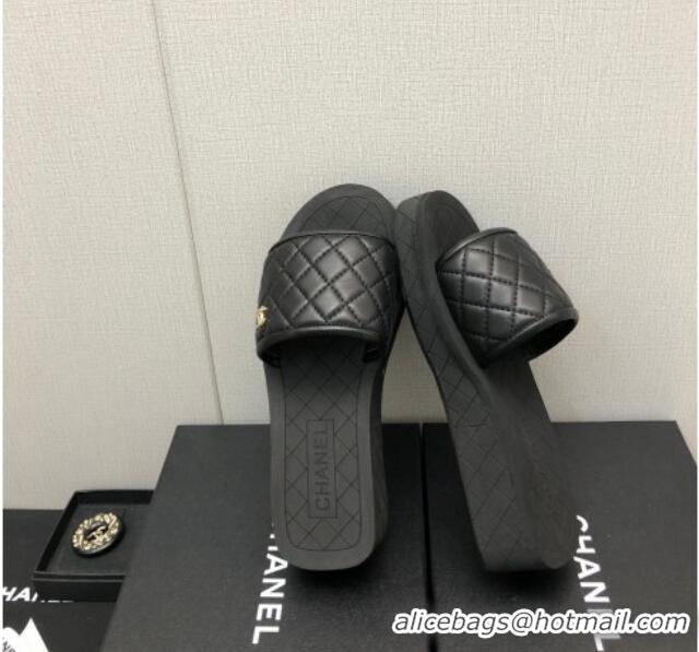 Good Looking Chanel Quilted Leather Platform Flat Slide Sandals Black 403099