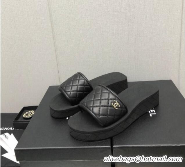 Good Looking Chanel Quilted Leather Platform Flat Slide Sandals Black 403099