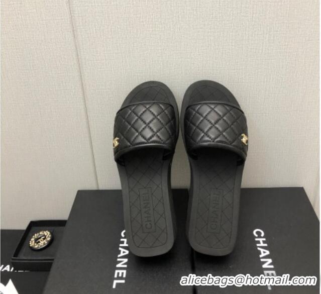 Good Looking Chanel Quilted Leather Platform Flat Slide Sandals Black 403099