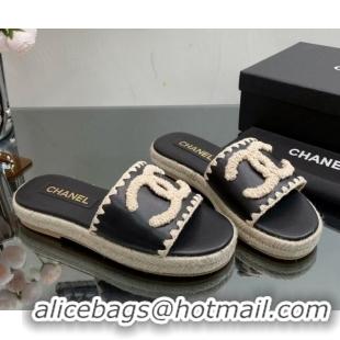 Unique Style Chanel Crochet CC Leather Flat Slide Sandals Black/Beige 403102