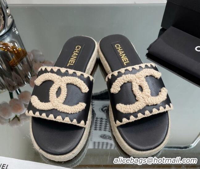 Unique Style Chanel Crochet CC Leather Flat Slide Sandals Black/Beige 403102