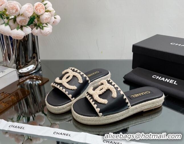 Unique Style Chanel Crochet CC Leather Flat Slide Sandals Black/Beige 403102