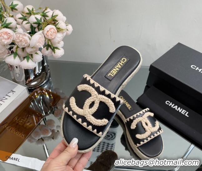 Unique Style Chanel Crochet CC Leather Flat Slide Sandals Black/Beige 403102