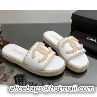 Luxury Chanel Crochet CC Leather Flat Slide Sandals White/Beige 403103