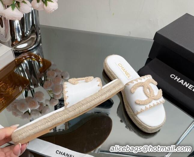 Luxury Chanel Crochet CC Leather Flat Slide Sandals White/Beige 403103