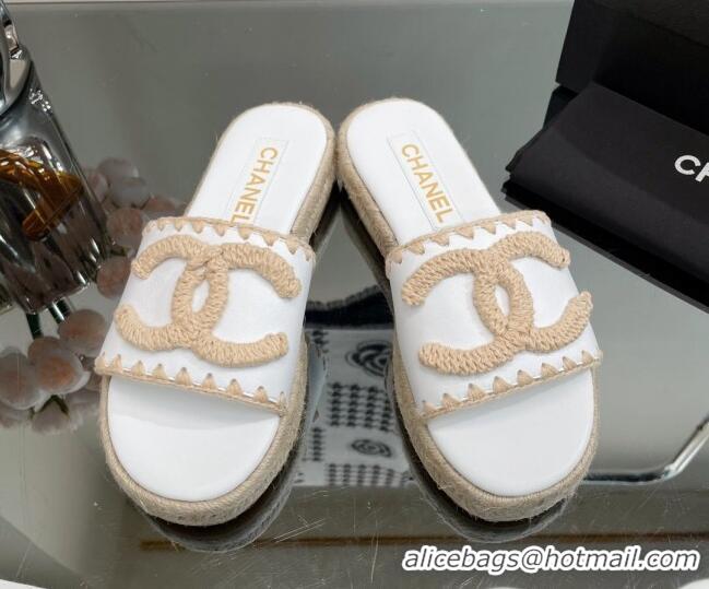 Luxury Chanel Crochet CC Leather Flat Slide Sandals White/Beige 403103