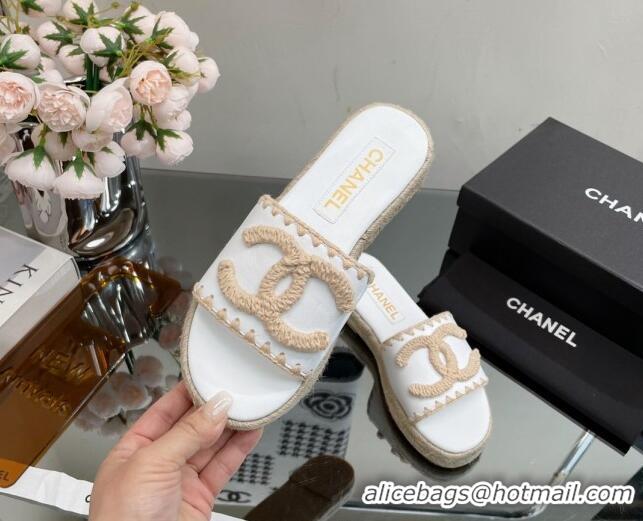 Luxury Chanel Crochet CC Leather Flat Slide Sandals White/Beige 403103