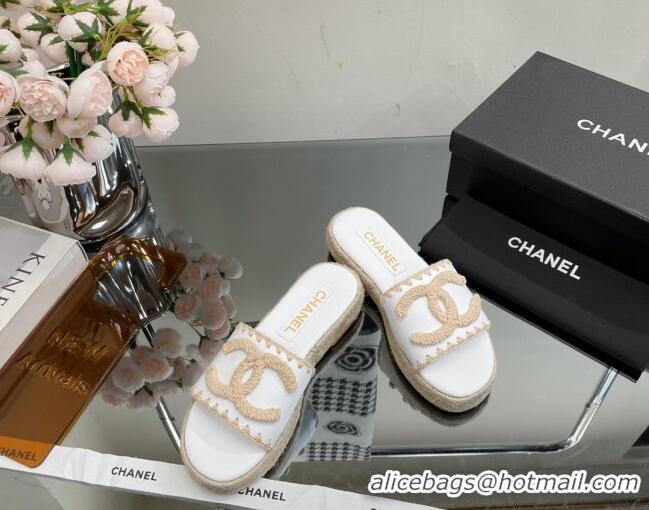 Luxury Chanel Crochet CC Leather Flat Slide Sandals White/Beige 403103