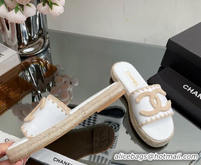 Luxury Chanel Crochet CC Leather Flat Slide Sandals White/Beige 403103