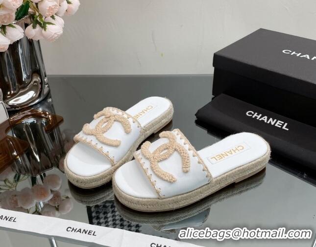 Luxury Chanel Crochet CC Leather Flat Slide Sandals White/Beige 403103