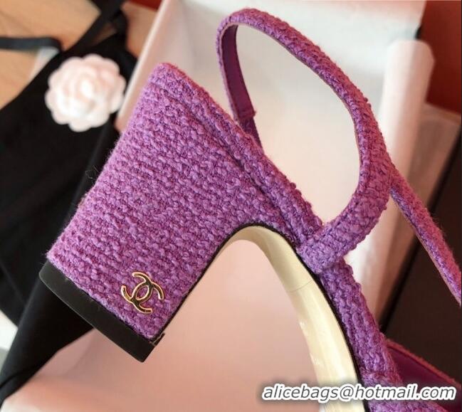 Pretty Style Chanel Tweed Slingbacks Pumps 6.5cm Heel G31318 Purple