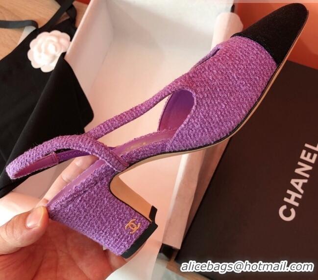 Pretty Style Chanel Tweed Slingbacks Pumps 6.5cm Heel G31318 Purple