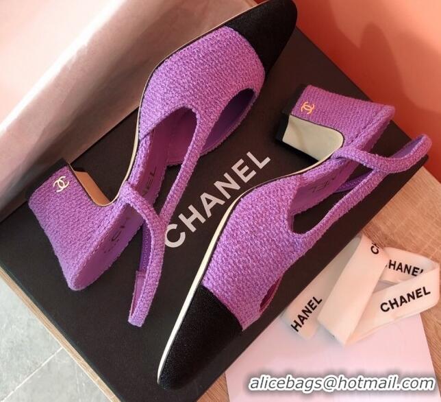 Pretty Style Chanel Tweed Slingbacks Pumps 6.5cm Heel G31318 Purple