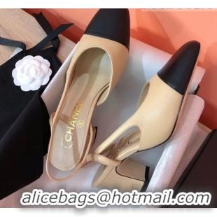 Durable Chanel Goatskin Slingbacks Pumps 6.5cm Heel G31318 Beige/Black