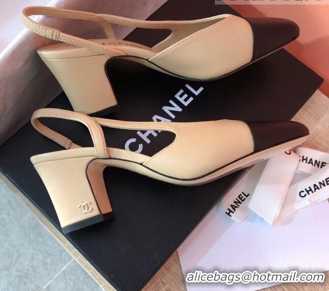 Durable Chanel Goatskin Slingbacks Pumps 6.5cm Heel G31318 Beige/Black