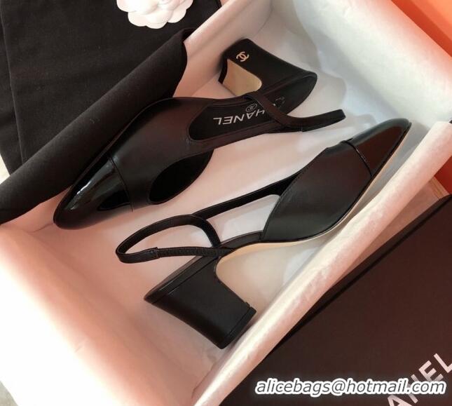 Classic Hot Chanel Goatskin and Patent Leather Slingbacks Pumps 6.5cm Heel G31318 Black